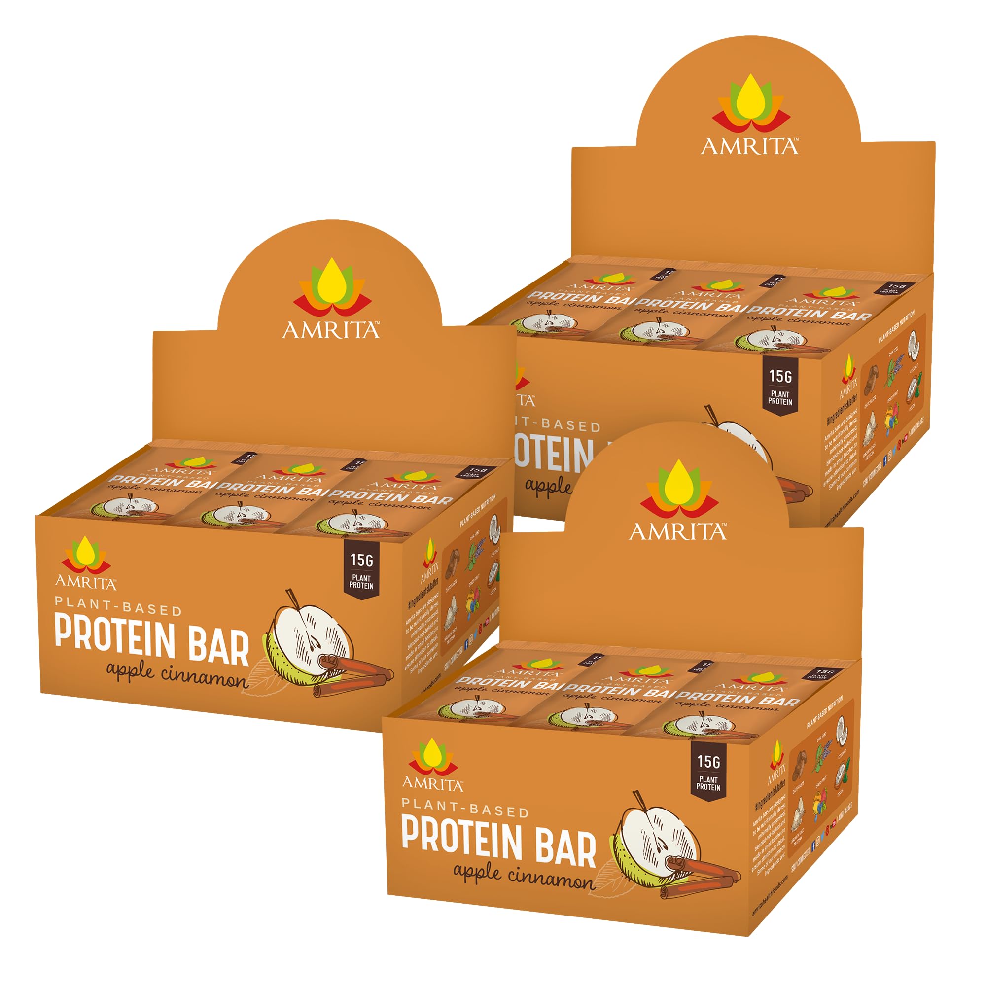 Amrita Apple Cinnamon vegan bars pack highlights allergen-free, plant-based snack.