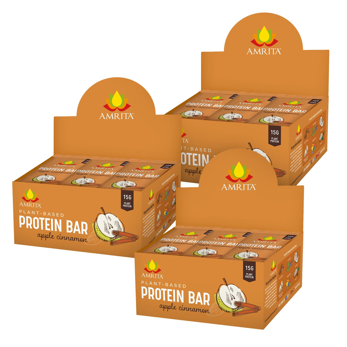 Amrita Apple Cinnamon vegan bars pack highlights allergen-free, plant-based snack.