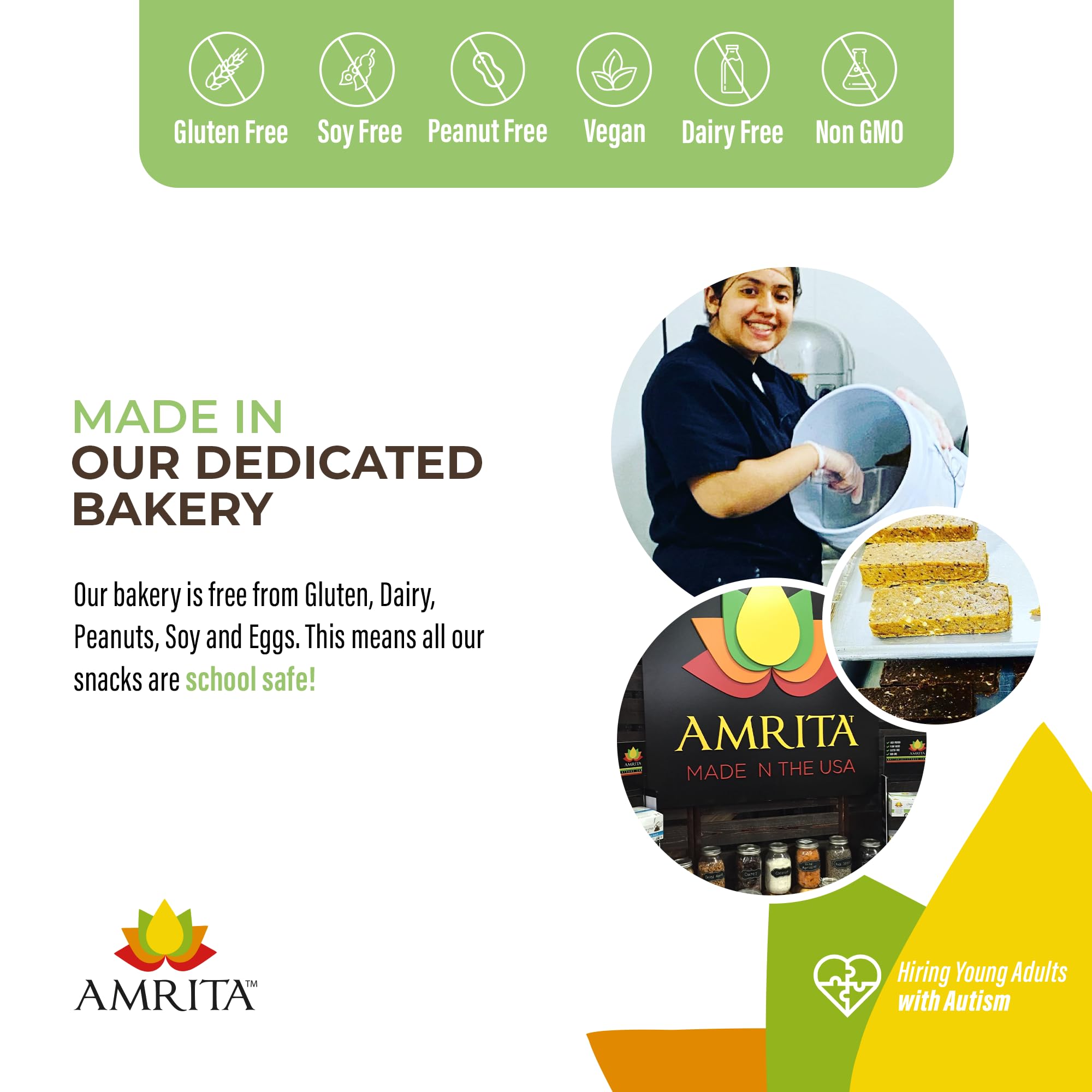 Amrita Nut Free bar product label highlighting gluten-free, dairy-free, peanut-free attributes.