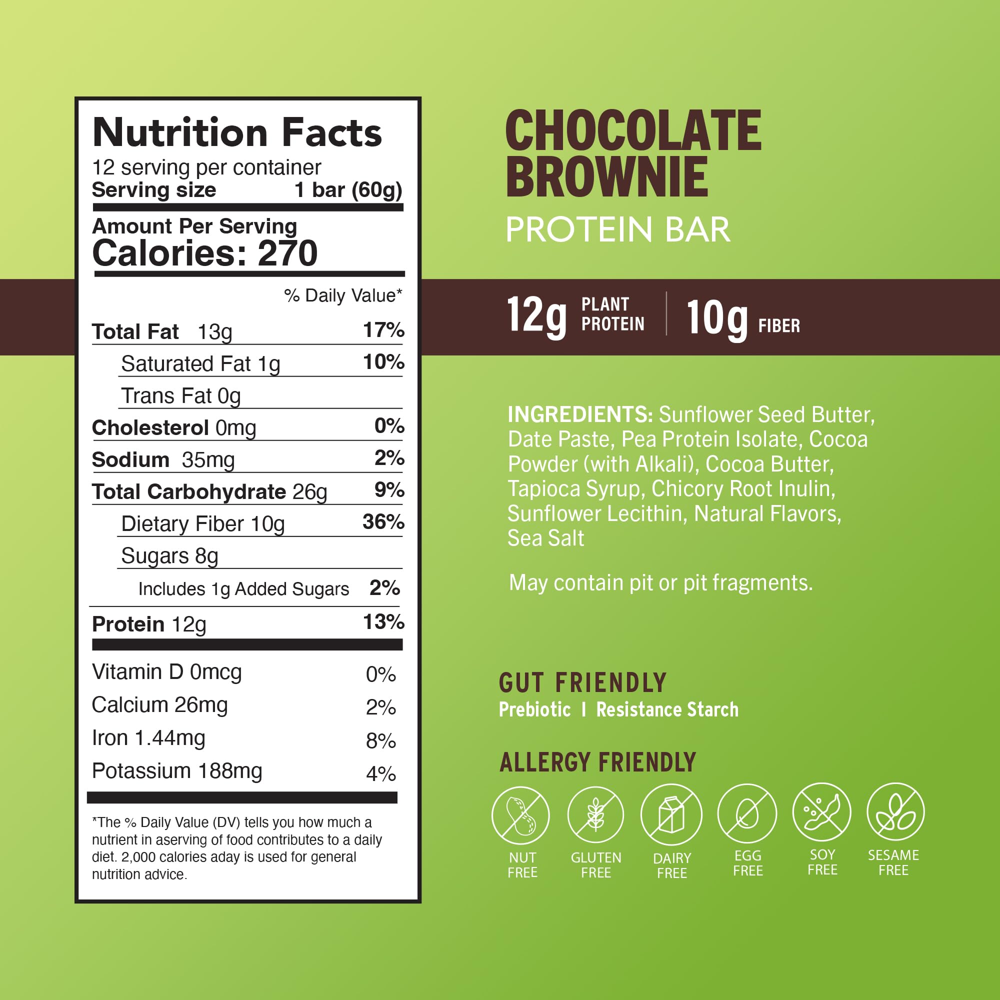 Amrita bar ingredients list featuring dates, brown rice protein, and seeds.