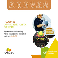 Amrita brand logo with box communicates small-batch baking.