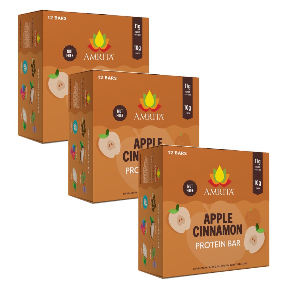 Amrita Nut Free Apple Cinnamon bar hero pack, high-protein plant snack.