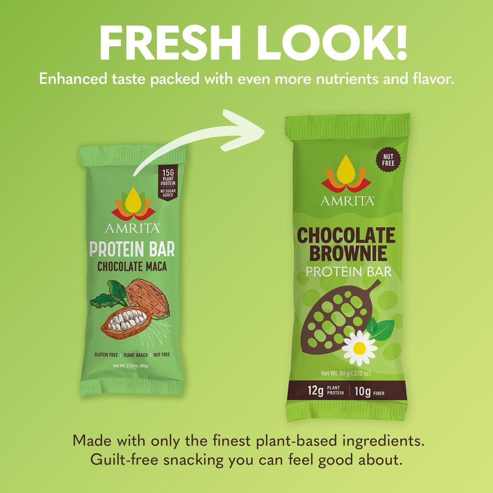 Amrita Nut Free Chocolate Brownie Bar closeup showing rich cocoa flavor and plant protein.