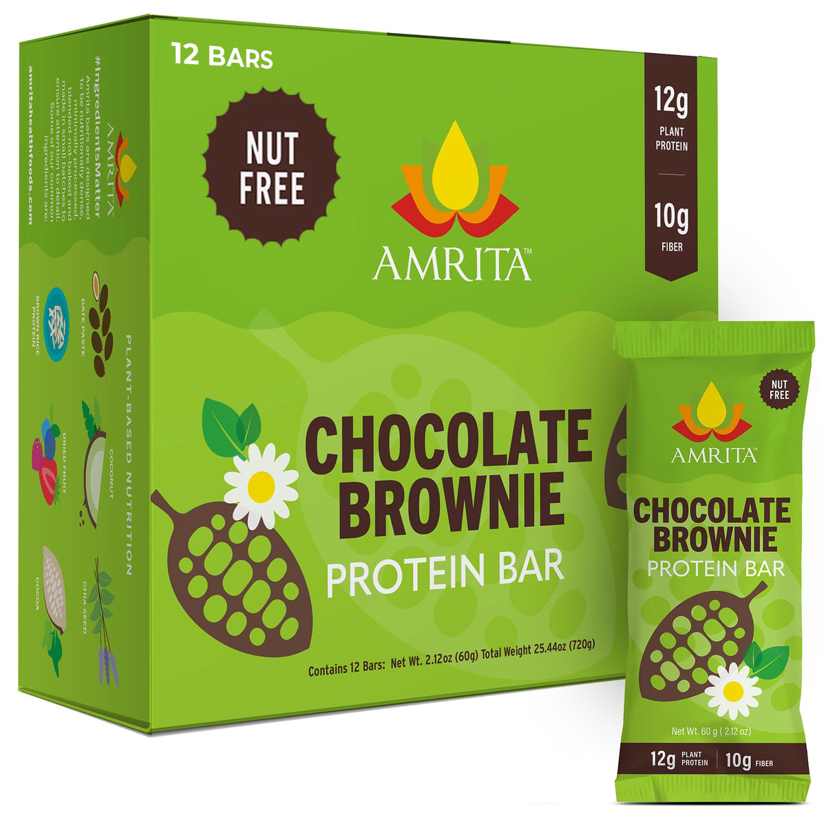 Amrita Nut Free Chocolate Brownie Bar pack highlighting allergen-free snack for busy days.