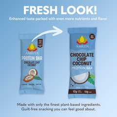 Close-up of Amrita Nut Free bar highlighting coconut and chocolate for plant-based protein