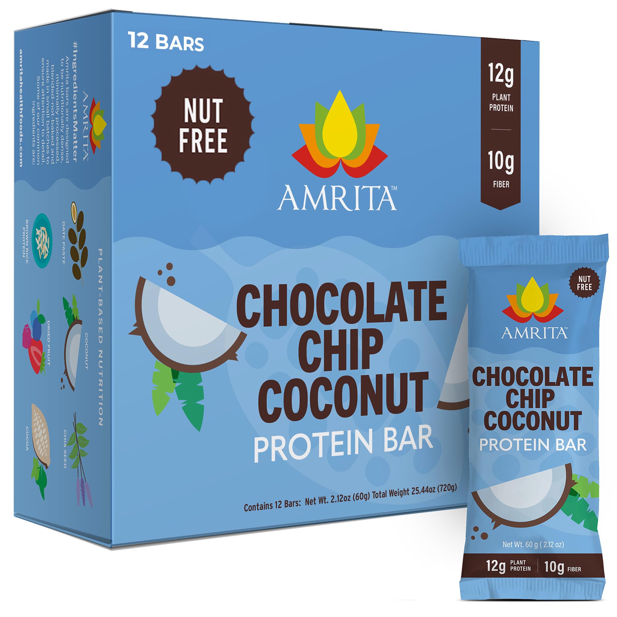 Amrita Nut Free Chocolate Chip Coconut bar packaging shows an allergen-friendly, convenient snack
