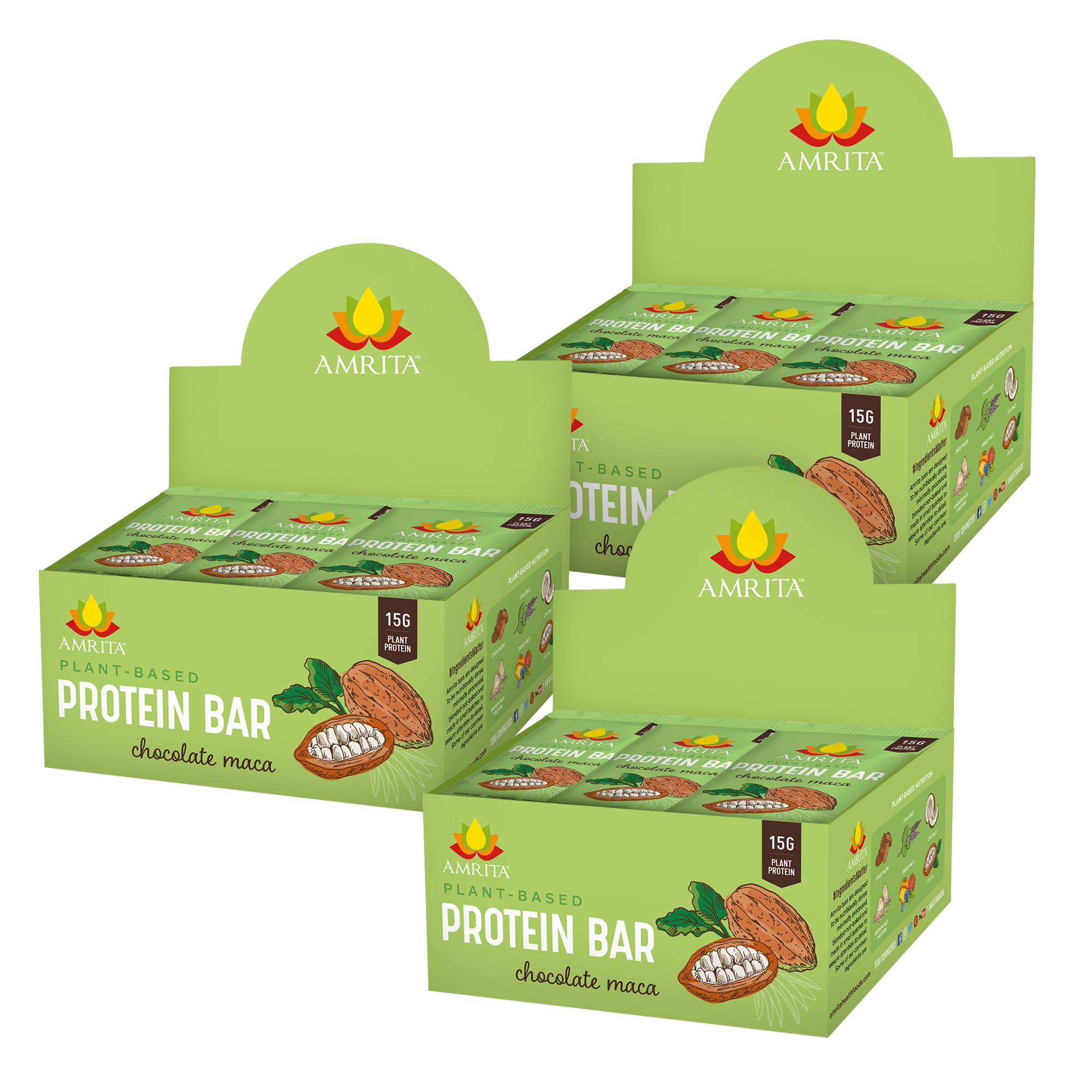 Amrita Nut Free Chocolate Maca bar pack highlights gluten-free, dairy-free nutrition for busy days.