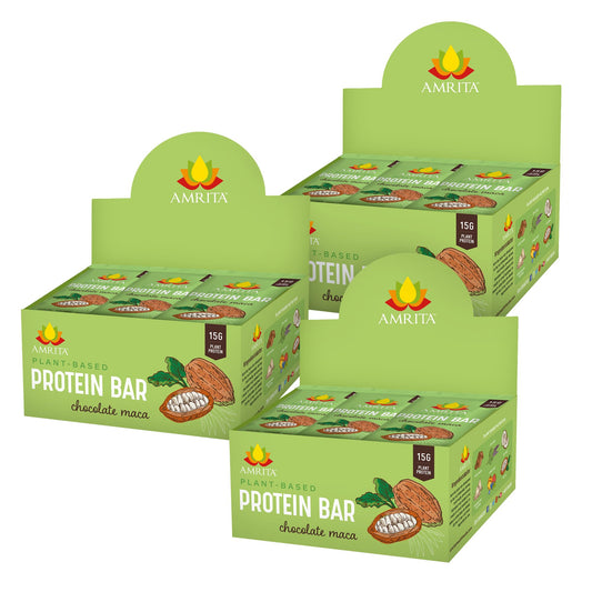 Amrita Nut Free Chocolate Maca bar pack highlights gluten-free, dairy-free nutrition for busy days.