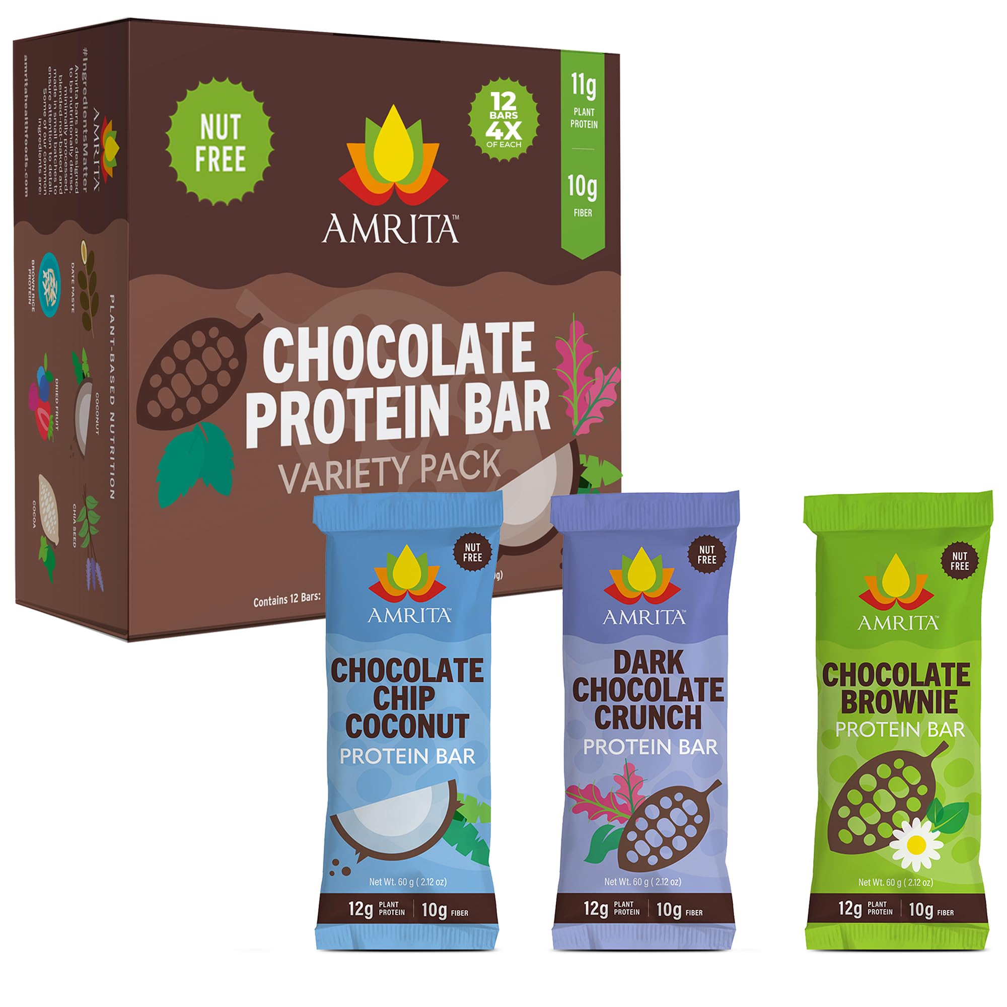 Amrita Nut Free Chocolate Variety Pack packaging shows 12 bars for convenient snacking.