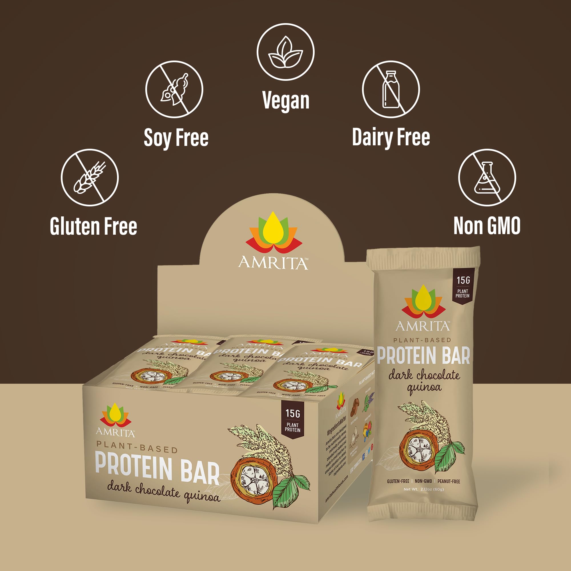Amrita Nut Free Dark Chocolate Quinoa Bars pack shot, convenient 12-bar box for on-the-go