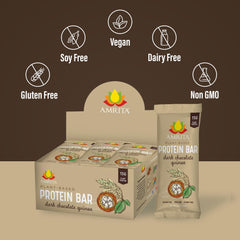 Amrita Nut Free Dark Chocolate Quinoa Bars pack shot, convenient 12-bar box for on-the-go
