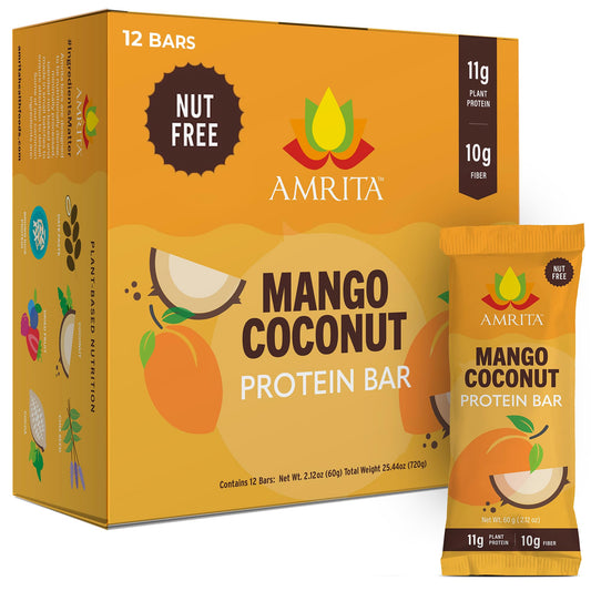 Amrita Nut Free Mango Coconut Bar packaging highlights allergen-safe snack for school or work.