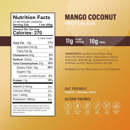 Amrita Nut Free Mango Coconut vegan bar ingredients close-up, showcasing plant-based protein and fiber.