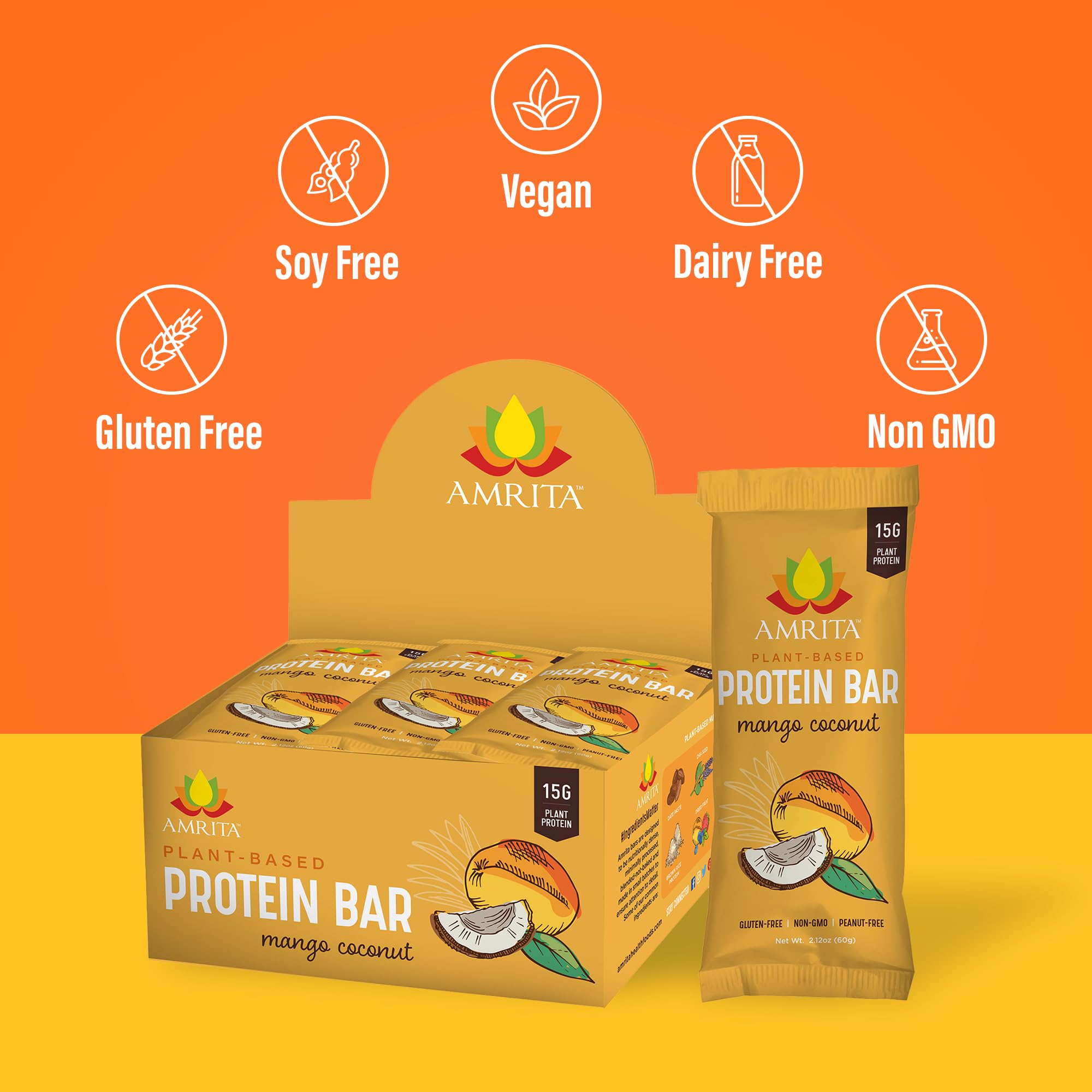 Amrita Nut Free Mango Coconut vegan bar nutrition facts label, highlighting 11g protein per bar.