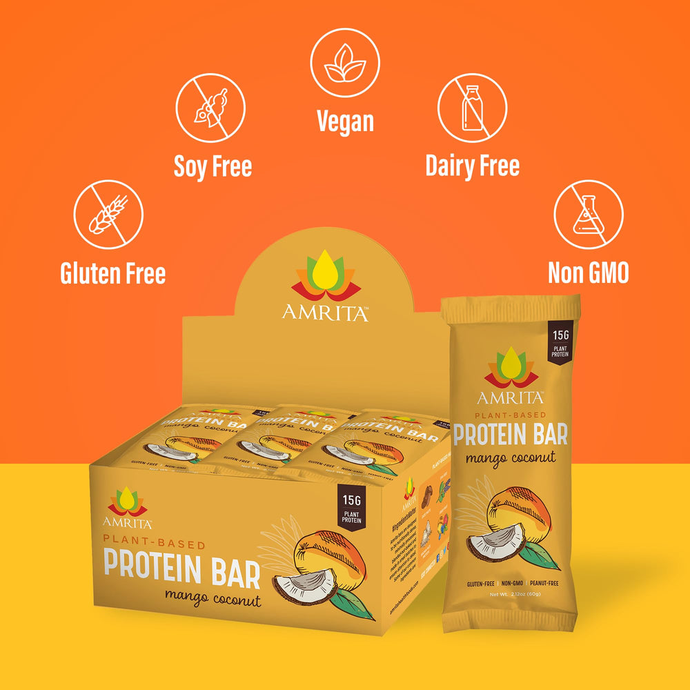 Amrita Nut Free Mango Coconut vegan bar nutrition facts label, highlighting 11g protein per bar.