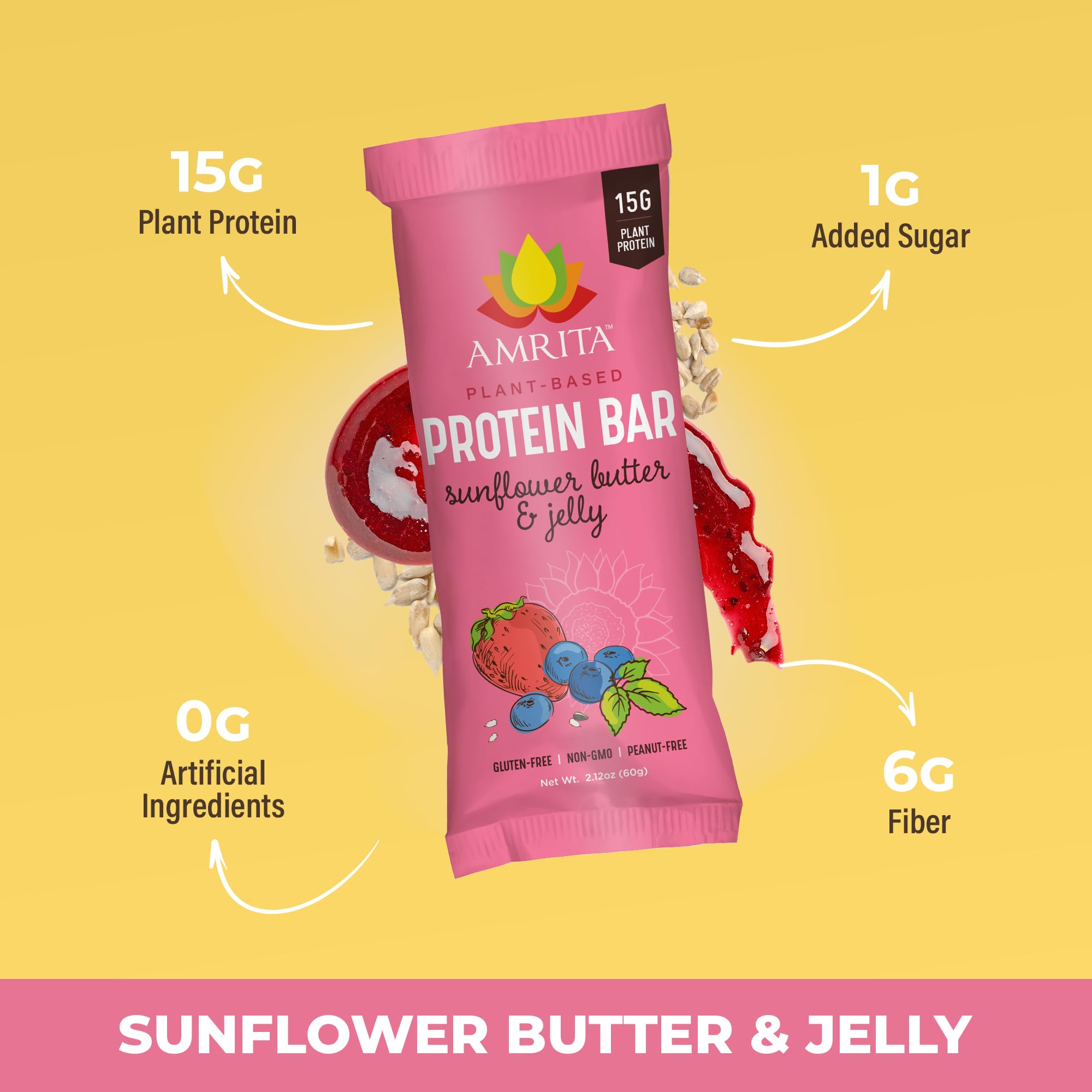 Amrita Nut-Free Sunflower Butter & Jelly bars ingredients image highlighting plant-based, dairy-free components.
