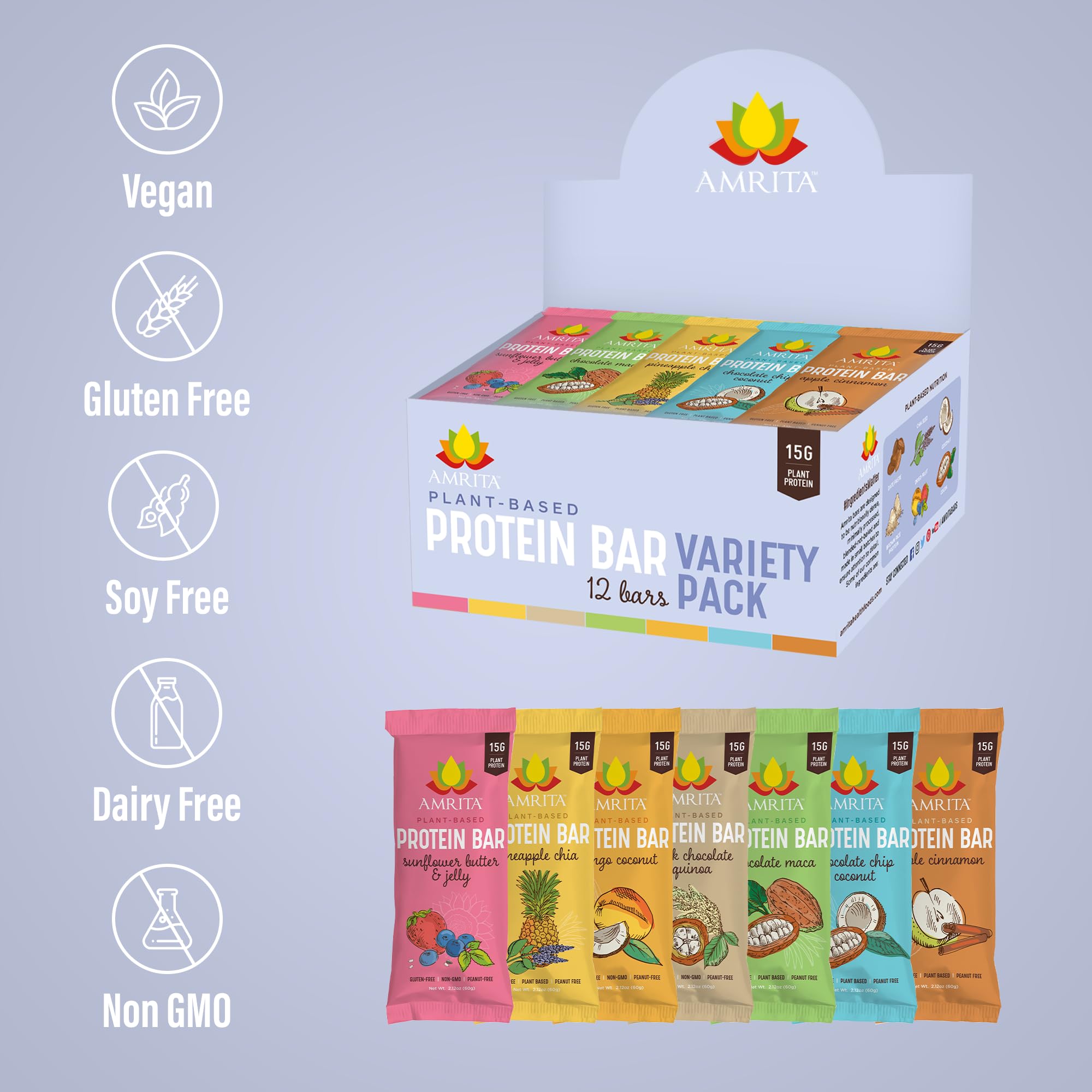 Amrita Nut Free Vegan Protein Bar – Mango Coconut, tropical flavor with fiber.