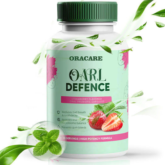 AMUA Oracare Oral Defence bottle close-up showing strawberry flavor.