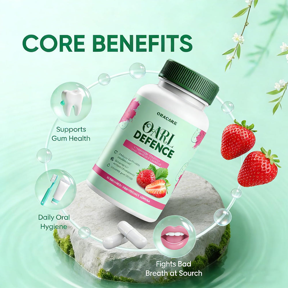 AMUA Oracare capsules close-up with strawberry flavor and probiotic look.