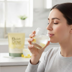 AMUA Quiet Dose Drink ingredients list featuring L-Theanine, Ashwagandha, and Saffron.