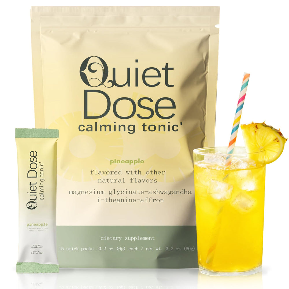 AMUA Quiet Dose Drink pineapple packaging—convenient 15-pack for daily calm.
