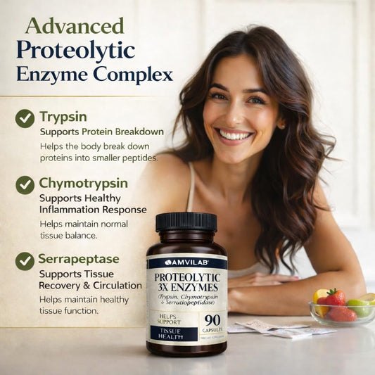 AMVILAB Proteolytic Enzymes 3X capsules shown for easy daily use