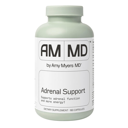 Amy Myers MD Adrenal Support bottle front showing label and branding for energy support