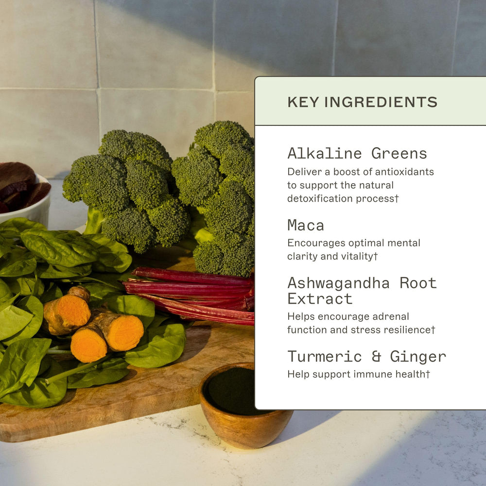 Amy Myers MD barley grass dry powder close-up emphasizing natural greens flavor and cleansing routine.