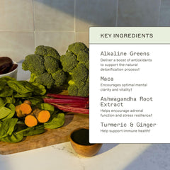 Amy Myers MD barley grass dry powder close-up emphasizing natural greens flavor and cleansing routine.