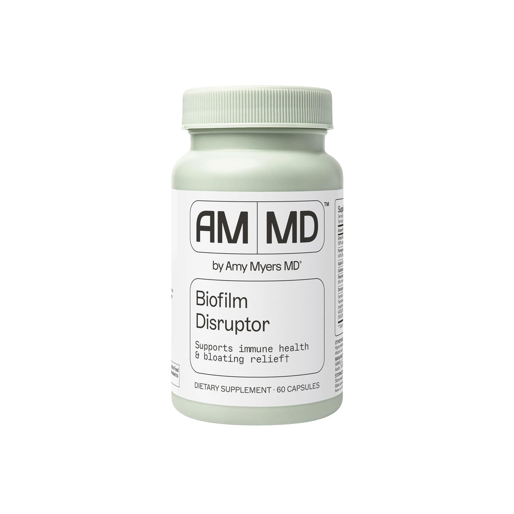 Amy Myers MD Biofilm Disruptor bottle on a clean surface supports daily gut balance