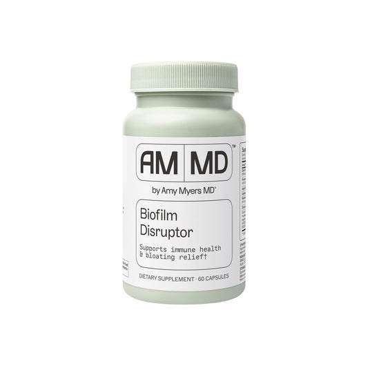 Amy Myers MD Biofilm Disruptor bottle on a clean surface supports daily gut balance