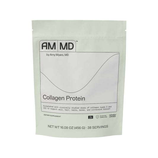 Amy Myers MD Collagen Protein Powder bottle on shelf supports daily wellness