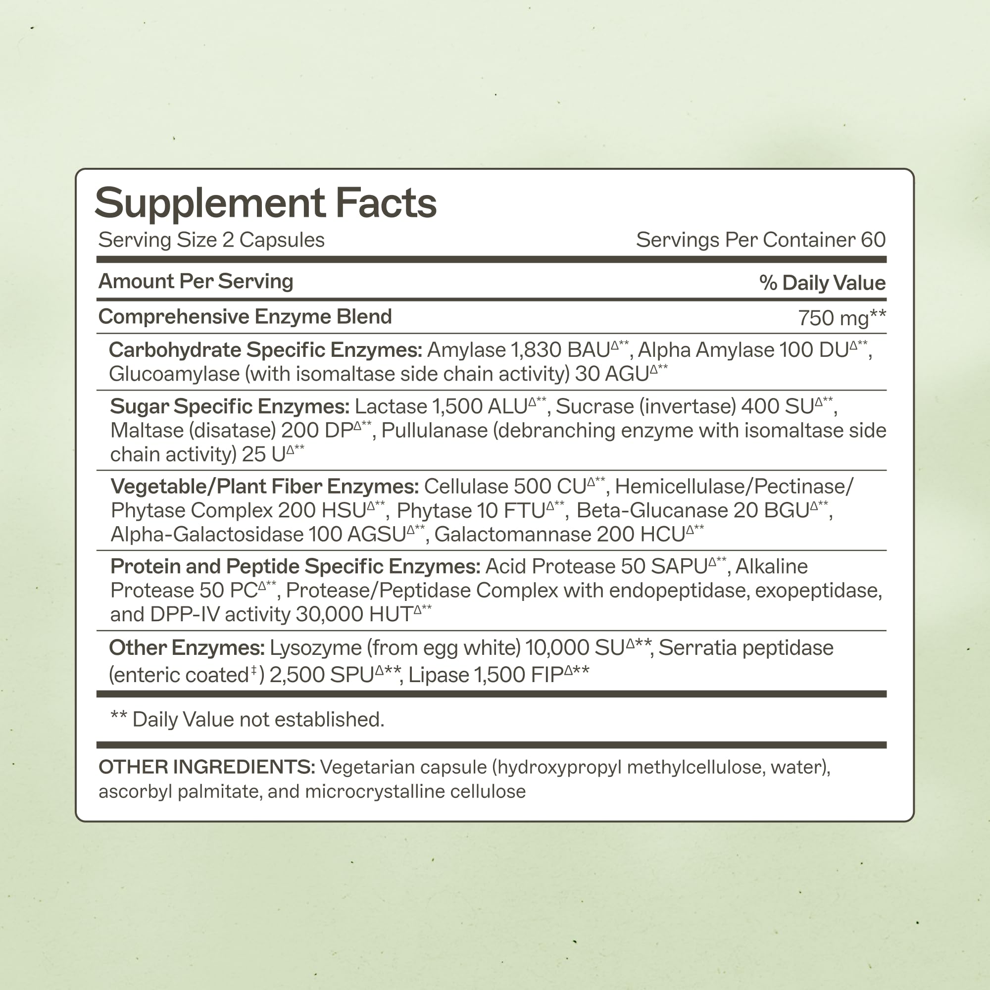 Close-up of capsules showing broad-spectrum enzymes for protein and carbohydrate digestion.