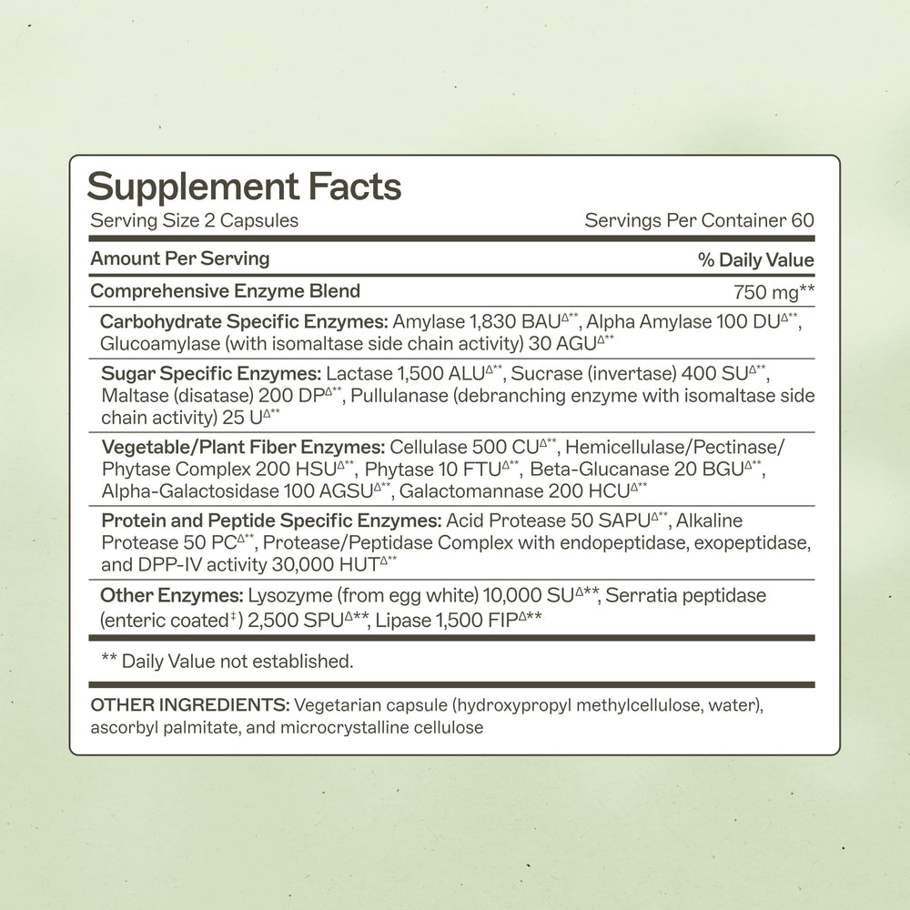 Close-up of capsules showing broad-spectrum enzymes for protein and carbohydrate digestion.