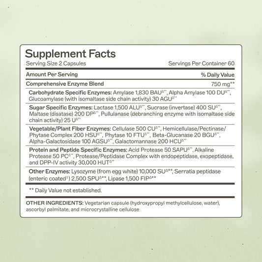 Close-up of capsules showing broad-spectrum enzymes for protein and carbohydrate digestion.