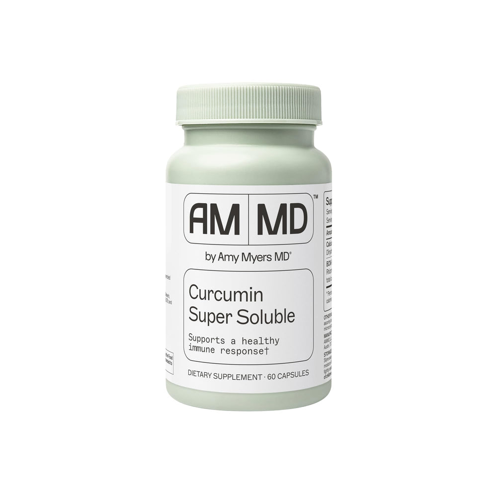 Amy Myers MD Curcumin Super Soluble bottle highlighting high-bioavailability turmeric for immune support.