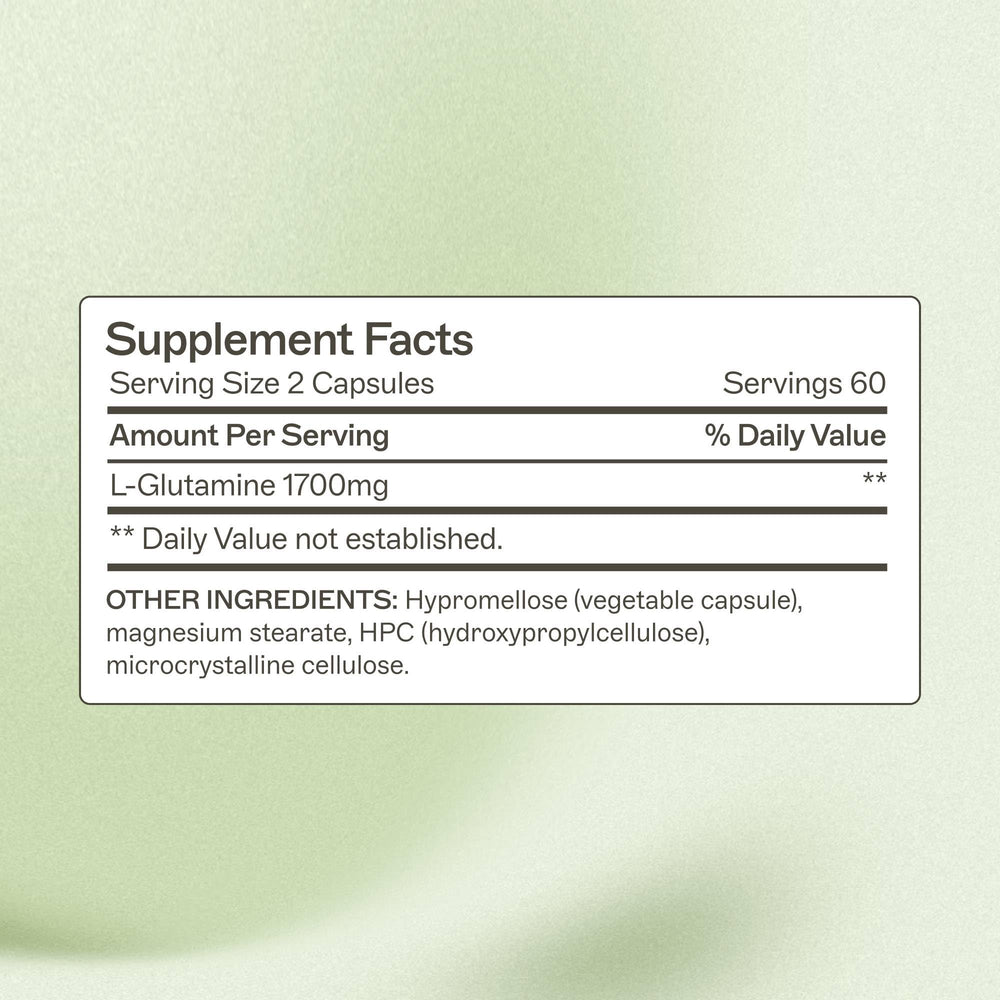 Amy Myers MD L-Glutamine capsules closeup highlighting easy daily dosing for gut wellness.