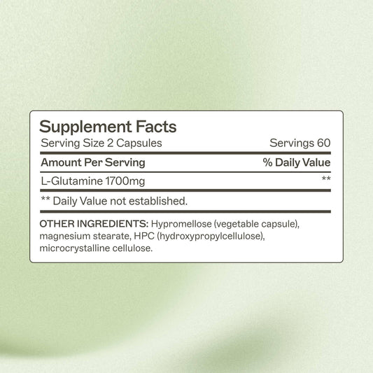 Amy Myers MD L-Glutamine capsules closeup highlighting easy daily dosing for gut wellness.