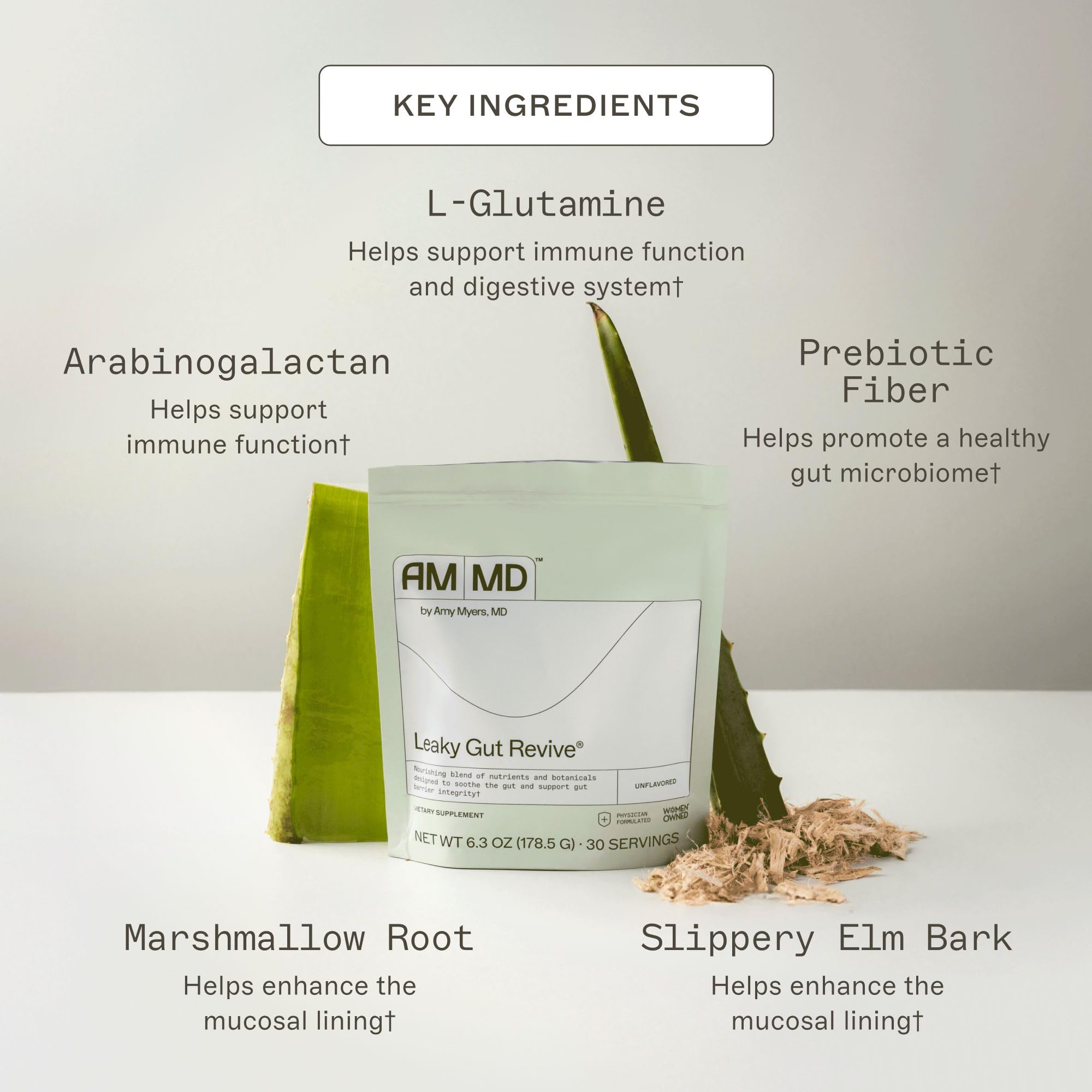 Amy Myers MD Leaky Gut Revive bottle closeup highlighting slippery elm and marshmallow root