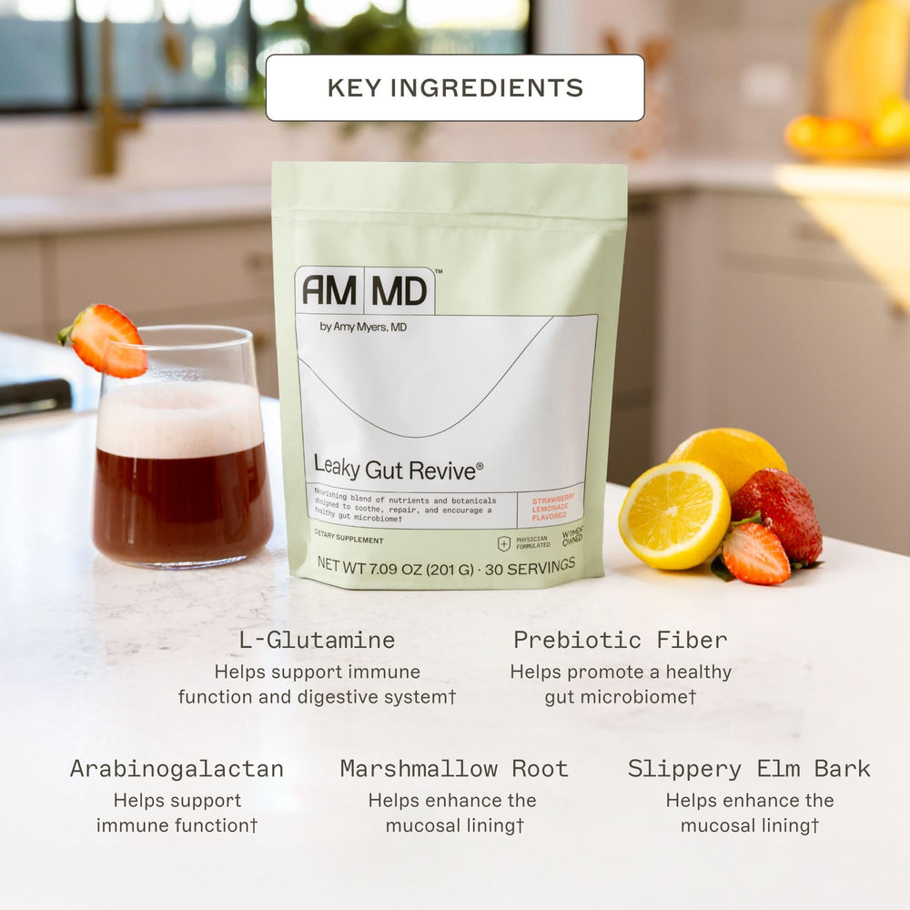 Amy Myers MD Leaky Gut Revive scoop-dispense demonstrates easy daily mix for digestive comfort.