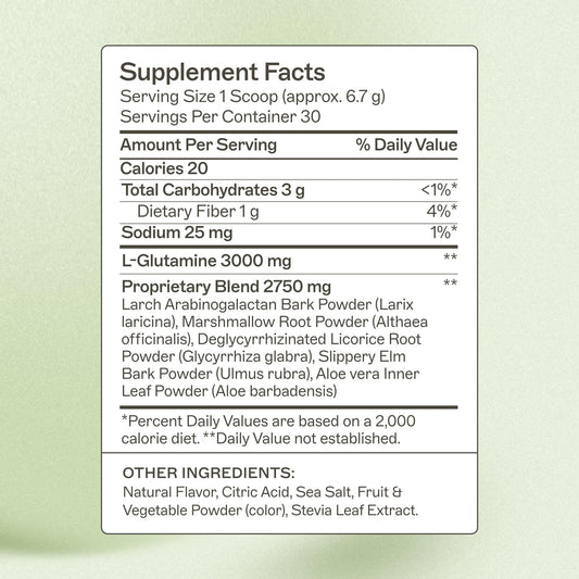 Amy Myers MD Leaky Gut Revive tub back highlights key ingredients for gut care.