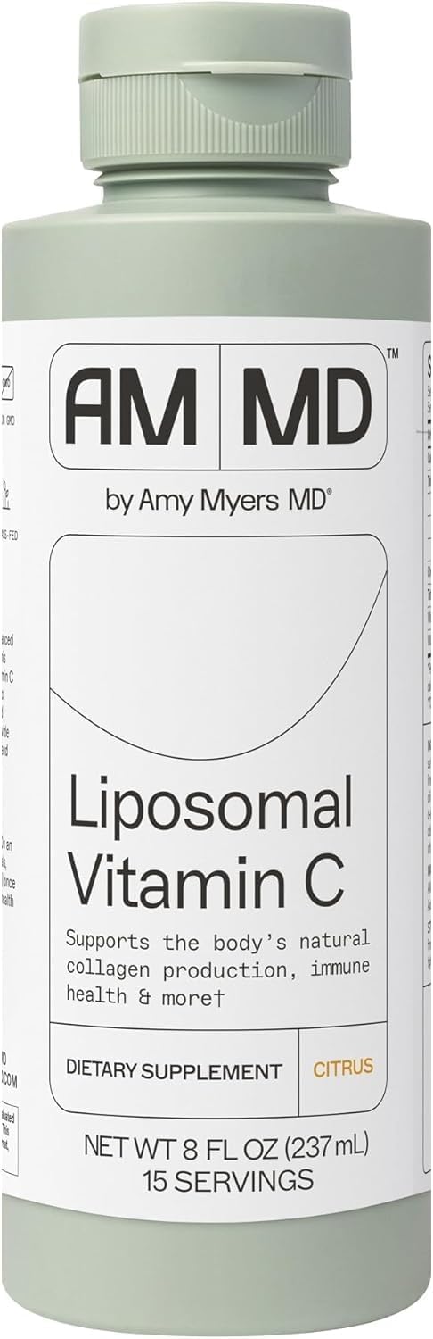 Amy Myers MD liposomal vitamin C bottle being poured for easy immune support.