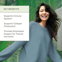 Amy Myers MD liposomal vitamin C label close-up highlighting ingredients for skin and immunity.