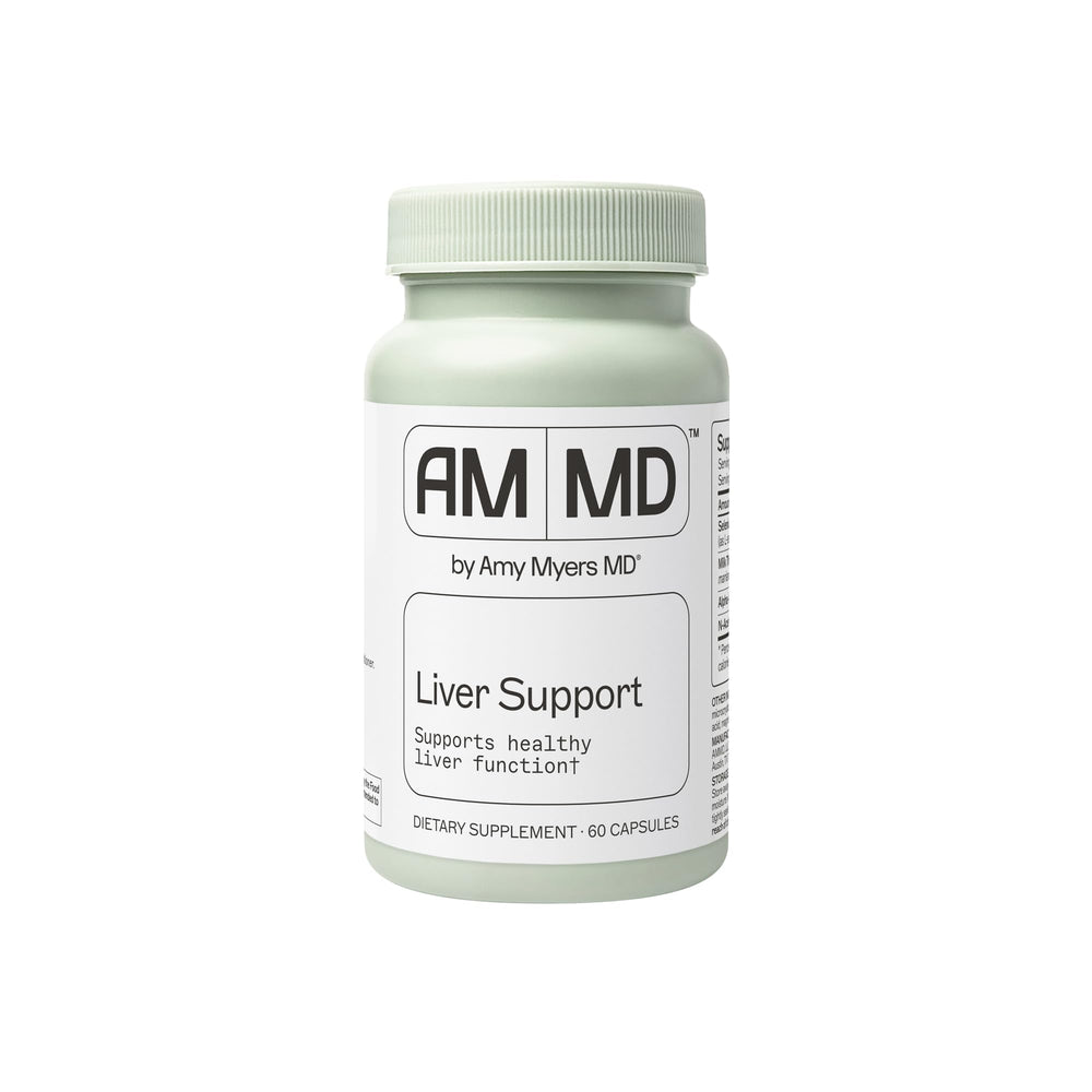 Amy Myers MD Liver Support bottle with capsules on desk promoting liver function