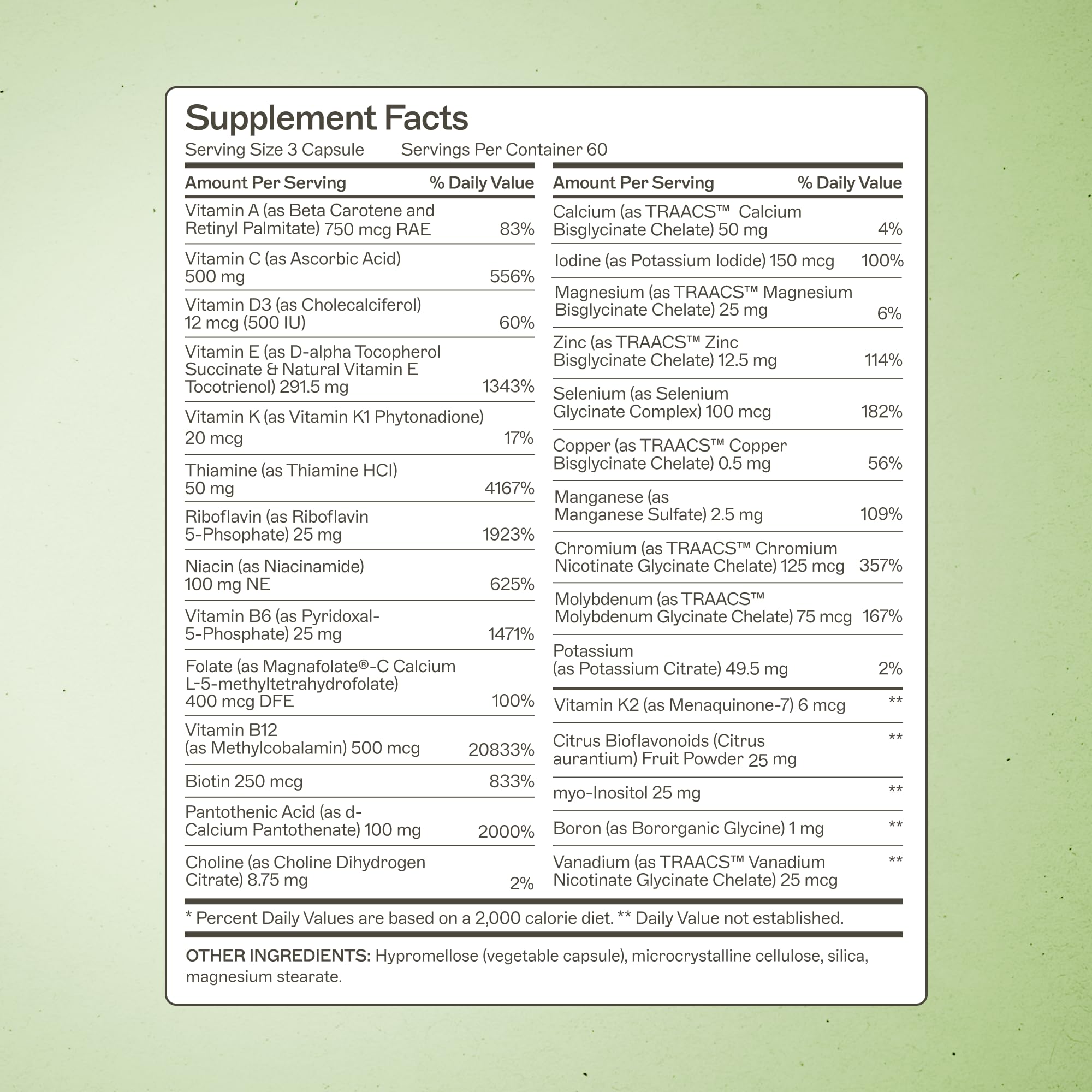 Amy Myers MD The Myers Way Multivitamin ingredients-list highlights iron-free, gluten-free, dairy-free formulation.
