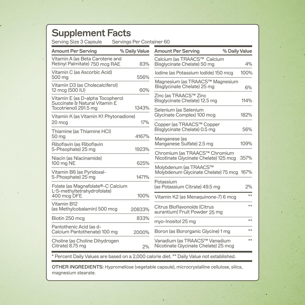 Amy Myers MD The Myers Way Multivitamin ingredients-list highlights iron-free, gluten-free, dairy-free formulation.