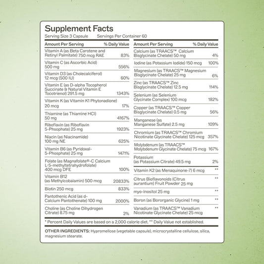 Amy Myers MD The Myers Way Multivitamin ingredients-list highlights iron-free, gluten-free, dairy-free formulation.