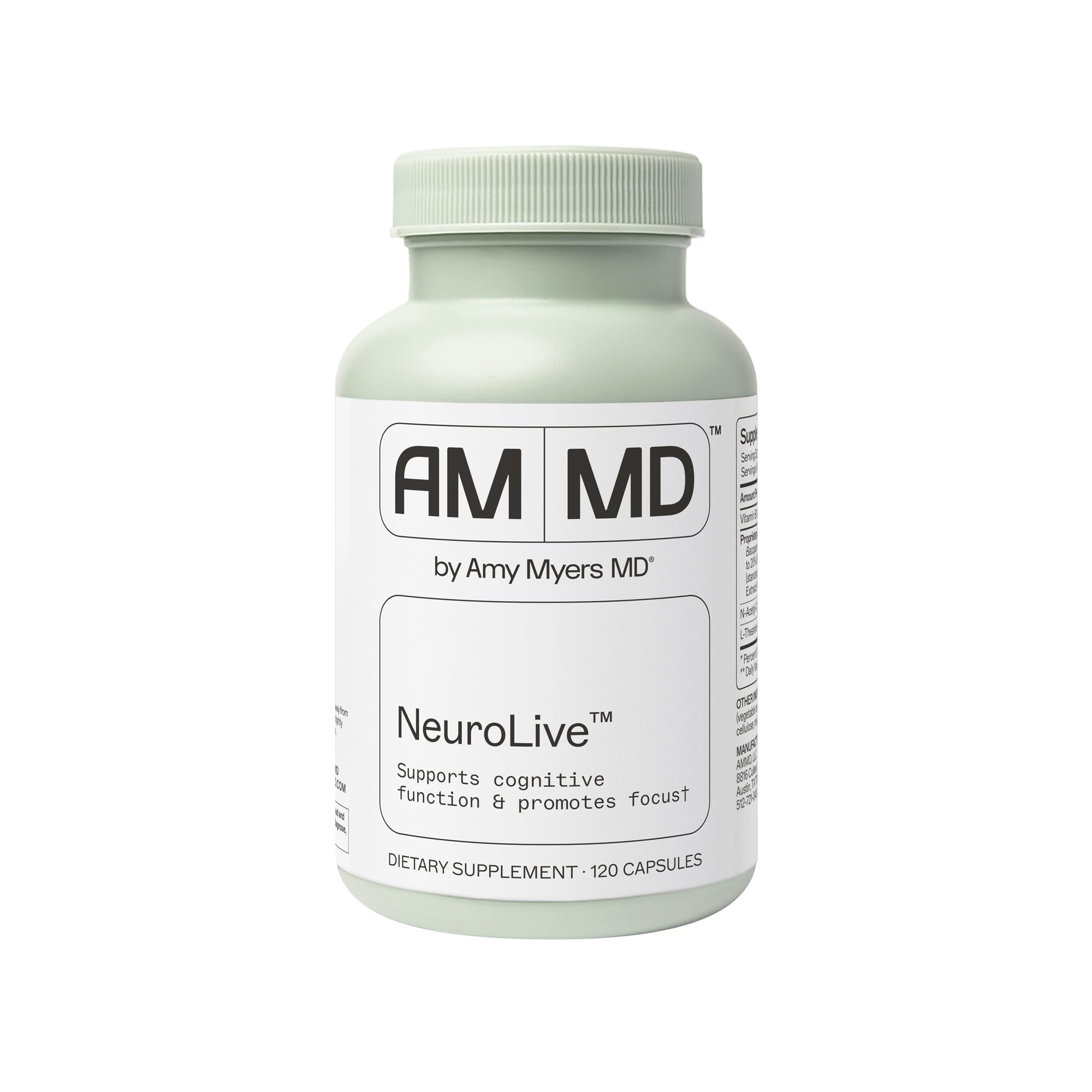 Amy Myers MD NeuroLive bottle cap shown for gluten-free brain health support.