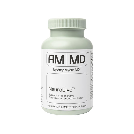 Amy Myers MD NeuroLive bottle cap shown for gluten-free brain health support.
