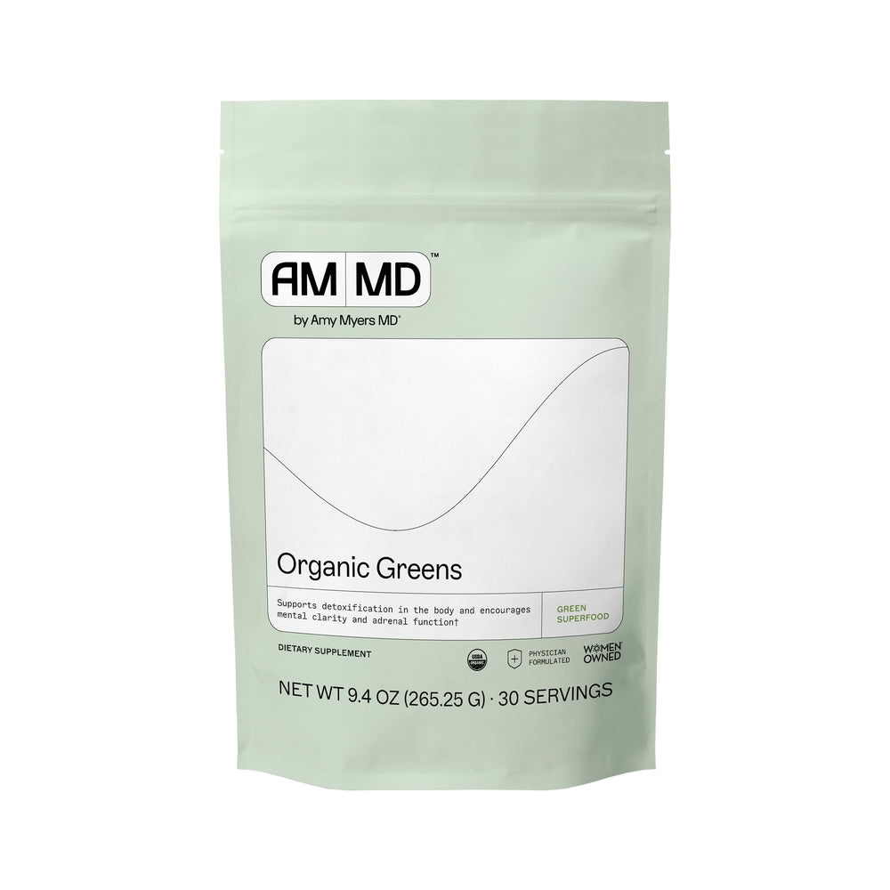 Amy Myers MD Organic Greens Powder bottle for daily energy support and gut wellness.